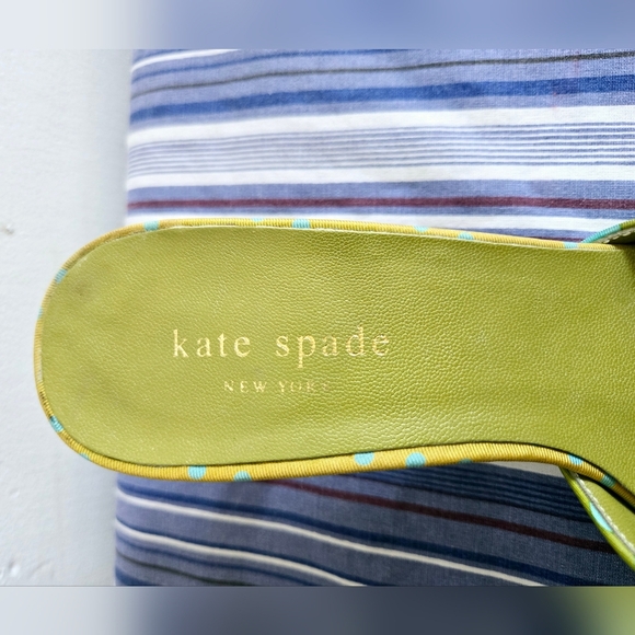 Kate Spade ◇ Green/ Turquoise polka dot kitten heel mules Sz 6 Made Italy - Picture 10 of 10